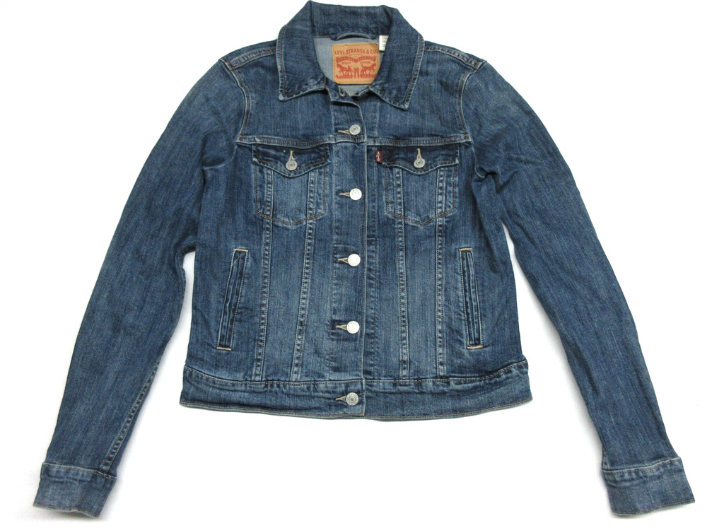 LEVIS Womens Small S Stretch Blue Denim Jean Trucker Jacket- S40117